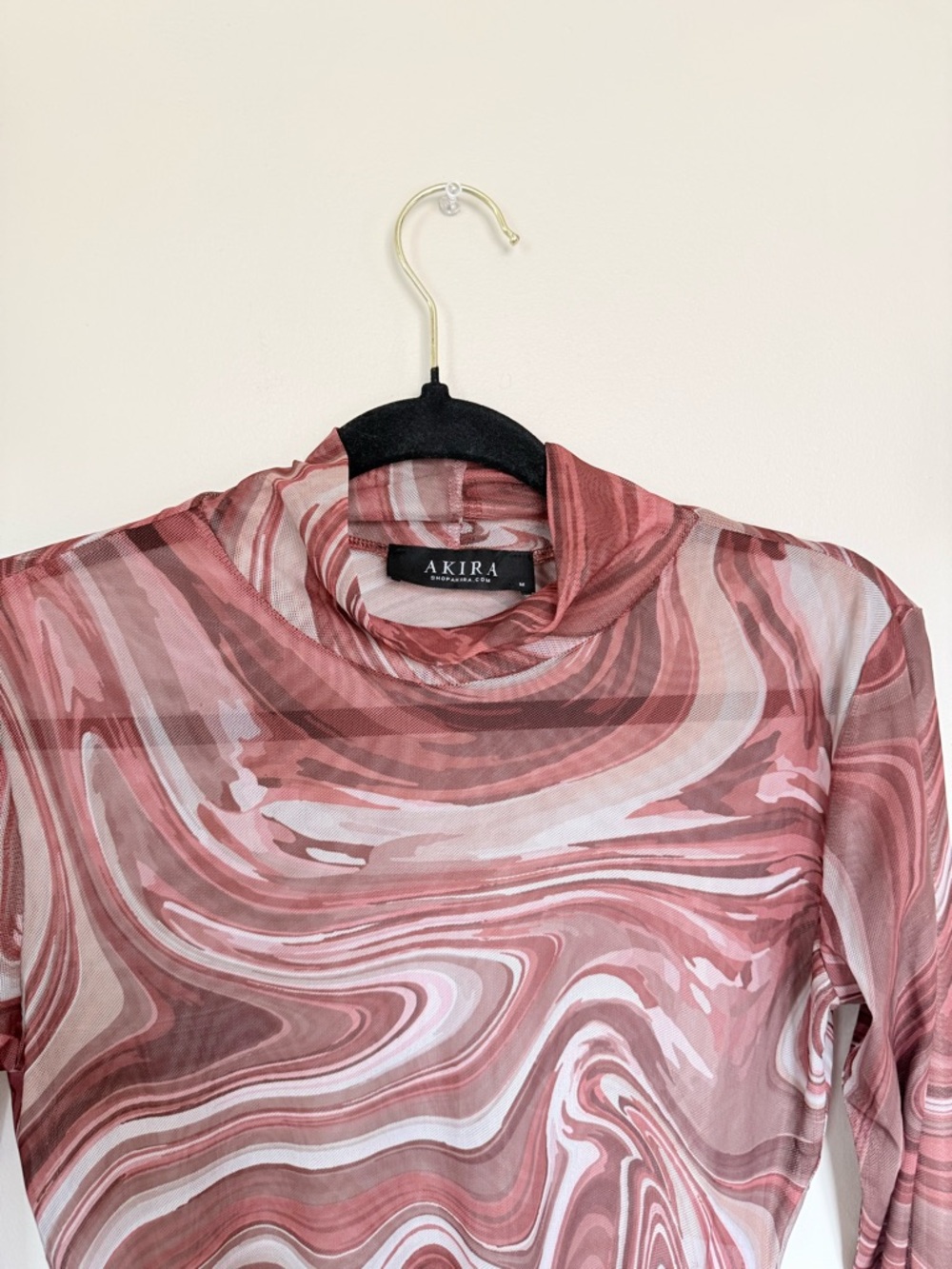 AKIRA Pink Swirl Mesh Long Sleeve Mock Neck Top